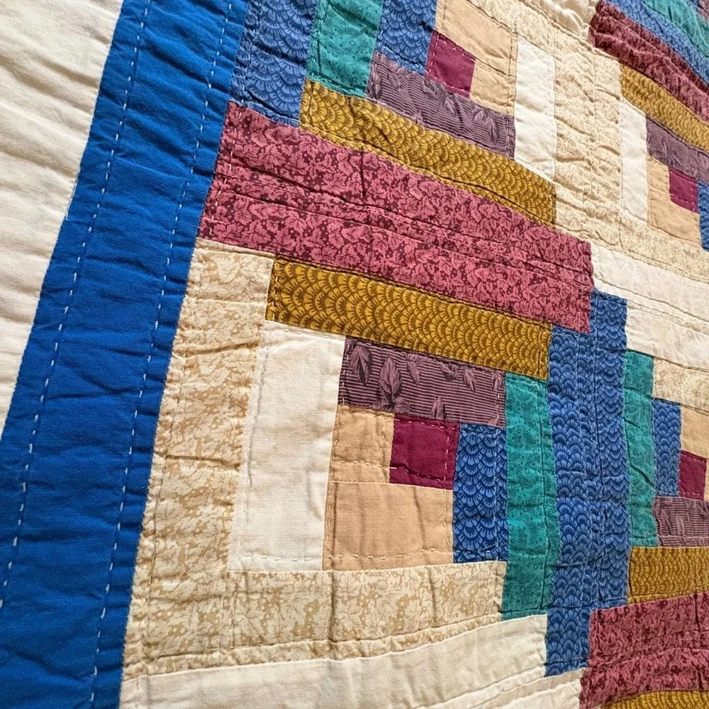 Antique 1930s Log Cabin Quilt Full Size Handmade Barn Raising Pieced Backing